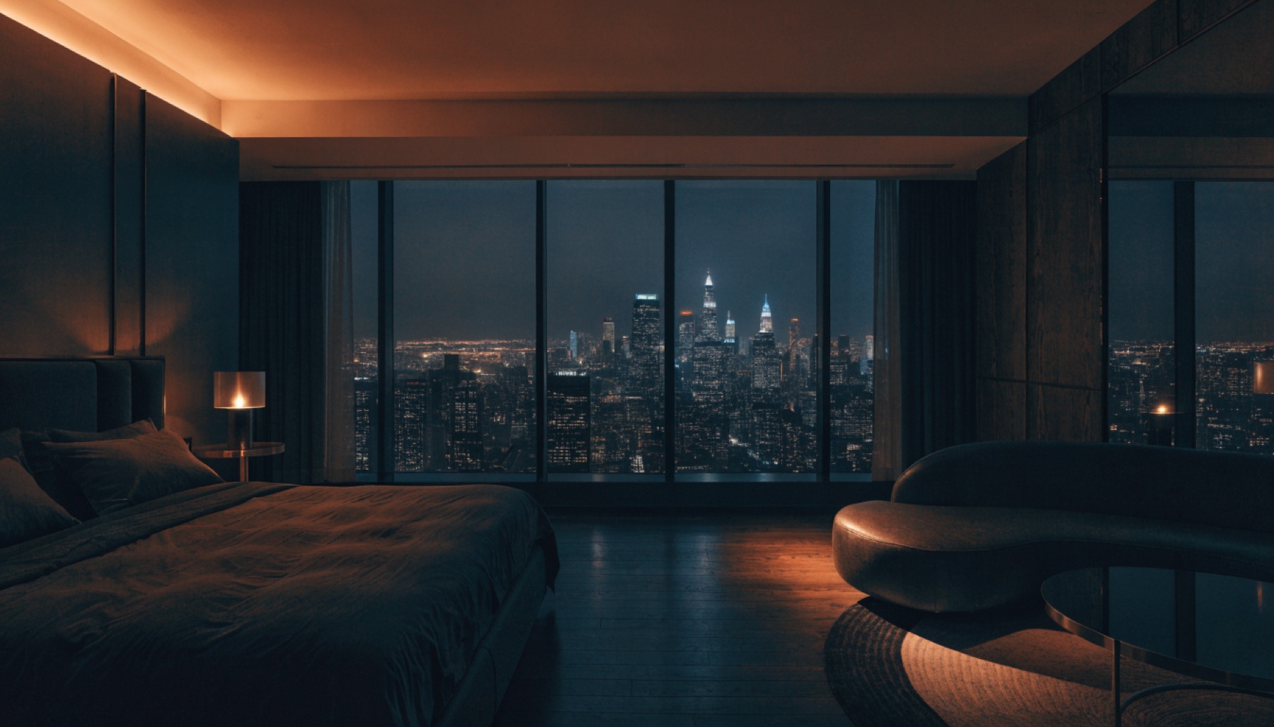 A five-star hotel suite at night above the city skyline